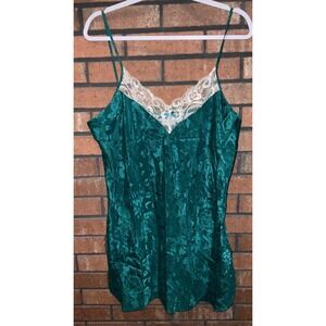 California Miss Vintage Emerald Green Floral Satin Lace Trim Nightgown Large